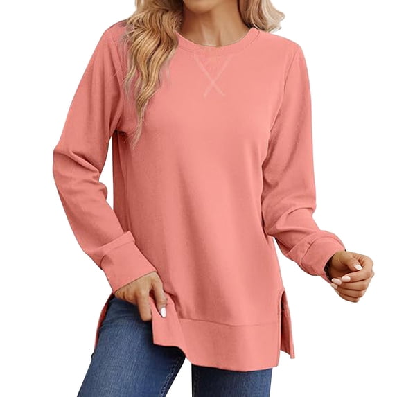 Yigetop Sweatshirt for Women Side Split Fall Fashion 2026 Long Sleeve Shirts Casual Lightweight Soft Loose Fit Tops Light Pink 3XL