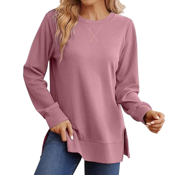 Yigetop Sweatshirt for Women Side Split Fall Fashion 2026 Long Sleeve Shirts Casual Lightweight Soft Loose Fit Tops Pink 3XL