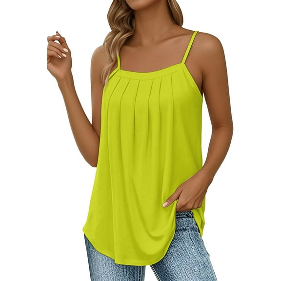Yigetop Tank Tops Women, Summer Tank Tops for Women 2025 Loose Fit Pleated Square Neck Sleeveless Shirt Curved Flowy Vest Basic Cotton Tee Loose Fitting Tank Tops for Women Yellow 3XL