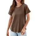 thumbnail image 1 of Yigetop Tee Shirts Womens Women's Solid Color T Shirt Round Neck Short Sleeved Top Large Size Loose Elastic Pure Cotton Base Shirt Basic Tees for Women Khaki 6XL, 1 of 6