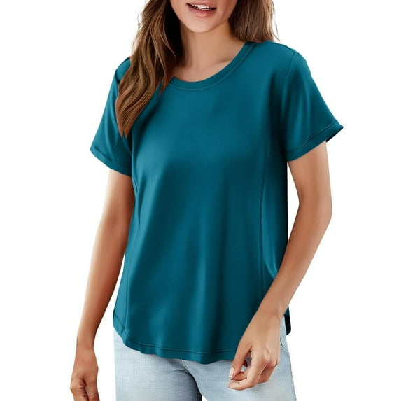 Yigetop Tee Shirts Womens Women's Solid Color T Shirt Round Neck Short Sleeved Top Large Size Loose Elastic Pure Cotton Base Shirt Basic Tees for Women Sky Blue 3XL