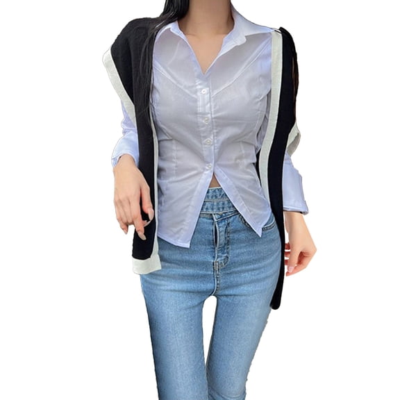 Yigetop Tight Button Up Shirts for Women, A Comfortable Feminine Long Sleeved Shirt with A Turned Up Collar That Shows off The Figure Fitted Blouse White M
