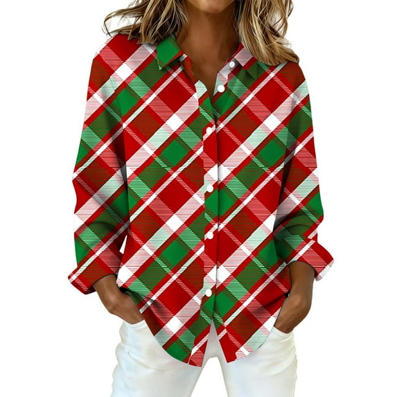 Yigetop Tops for Women, Women's Fashion Casual Printed Button Long Sleeve Shirts Tops Button Up Shirt Women Green M