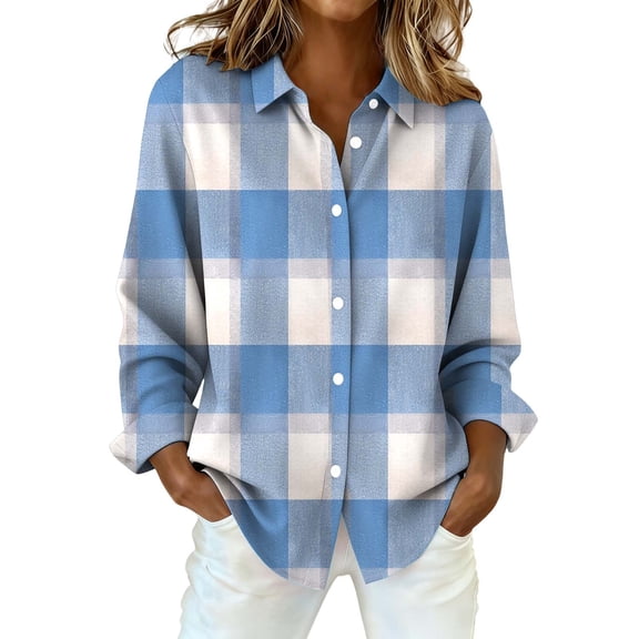 Yigetop Tops for Women, Women's Fashion Casual Printed Button Long Sleeve Shirts Tops Button Up Shirt Women Sky Blue XL