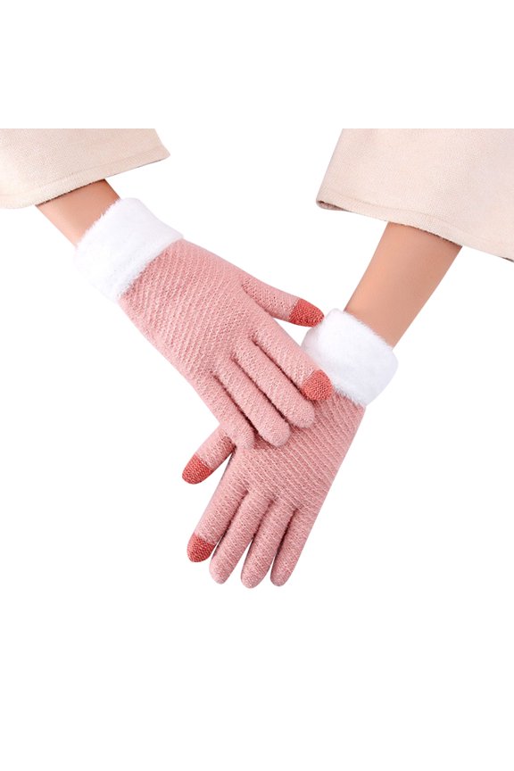 Touch Screen Gloves Women Fall and Winter Casual Simple Solid Color Knitted Wool Edge Warm Gloves Knit Gloves Pink One Size