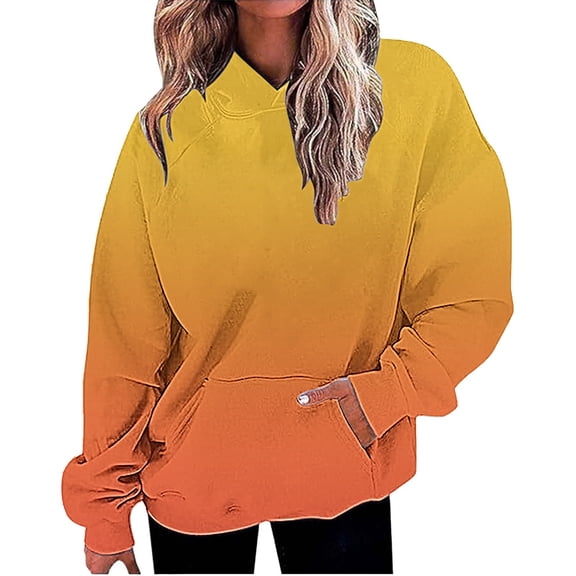 Yigetop Travel Hoodie Women, Women Oversized Hoodies Casual Long Sleeve Loose Fashion Pockets Pullover Tops Gradient Printed Sweatshirts Women Hoodies Pullover Yellow S