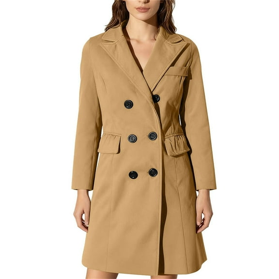Yigetop Trench Coat Women Women's Trench Coat Classic Lapel Outerwear Coat Mid Long Pea Trench Coat Coats for Women Khaki S