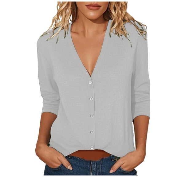 Yigetop Tunic Tops with 3/4 Sleeves, Womens Autumn Spring Summer Casual Solid V Neck Elegant Cardigan 3/4 Length Sleeve Tops Elbow Sleeve Tops Women Grey S