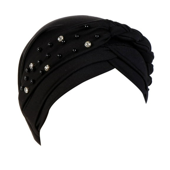 Yigetop Turbans for Women, Women Beading india Hat Muslim Ruffle Cancer Chemo Beanie Turban Wrap Cap Head Wraps for Women Black One Size
