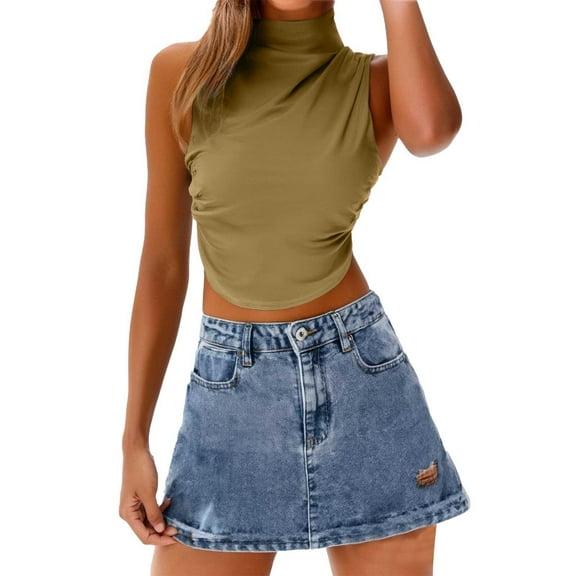 Yigetop Turtle Necks Tops for Women, Women's Summer Sleeveless Crew Neck Tops Ruched Tee Shirts Basic Stretch Shirts Casual Tank Top Lightweight Sleeveless Mock Neck Tops for Women Khaki M