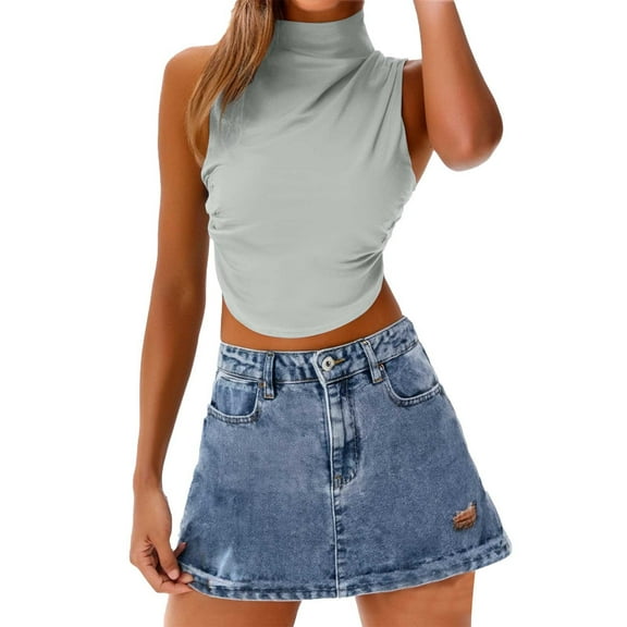 Yigetop Turtle Necks Tops for Women, Women's Summer Sleeveless Crew Neck Tops Ruched Tee Shirts Basic Stretch Shirts Casual Tank Top Lightweight Sleeveless Mock Neck Tops for Women Grey M