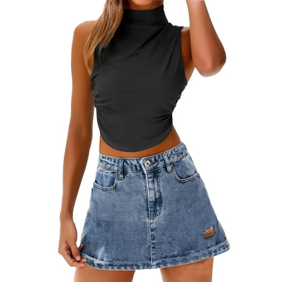 Yigetop Turtle Necks Tops for Women, Women's Summer Sleeveless Crew Neck Tops Ruched Tee Shirts Basic Stretch Shirts Casual Tank Top Lightweight Sleeveless Mock Neck Tops for Women Black L