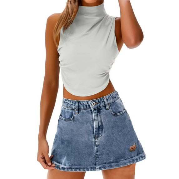 Yigetop Turtle Necks Tops for Women, Women's Summer Sleeveless Crew Neck Tops Ruched Tee Shirts Basic Stretch Shirts Casual Tank Top Lightweight Sleeveless Mock Neck Tops for Women White L