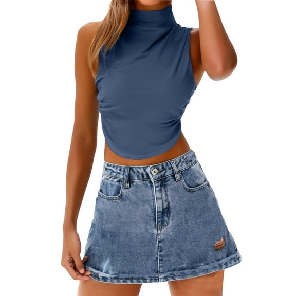 Yigetop Turtle Necks Tops for Women, Women's Summer Sleeveless Crew Neck Tops Ruched Tee Shirts Basic Stretch Shirts Casual Tank Top Lightweight Sleeveless Mock Neck Tops for Women Navy M