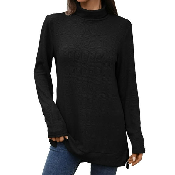Yigetop Turtleneck Sweater Women, New Solid Color High Neck Loose Long Sleeved Slit T Shirt Top for Women Autumn Winter 2025 Fall Sweaters for Women Black S