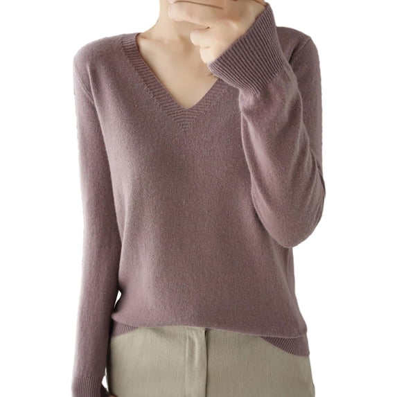 Yigetop V Neck Sweaters for Women Light Sweaters for Women Long Sleeve V Neck Lightweight Soft Knitted Pullover Knitted Blouse Cozy Sweaters for Women Purple, L