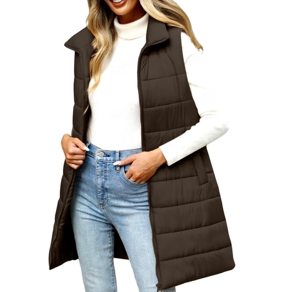 Yigetop Vest for Women Long Puffer Vest Women 2025 Winter Warm Quilted Sleeveless Vests Puffy Zip Up Fall Coat Outerwear Womens Puffer Jacket Coffee M