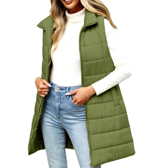 Yigetop Vest for Women Long Puffer Vest Women 2025 Winter Warm Quilted Sleeveless Vests Puffy Zip Up Fall Coat Outerwear Womens Puffer Jacket Green 2XL