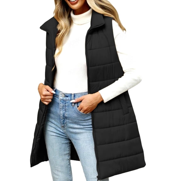 Yigetop Vest for Women Long Puffer Vest Women 2025 Winter Warm Quilted Sleeveless Vests Puffy Zip Up Fall Coat Outerwear Womens Puffer Jacket Black S