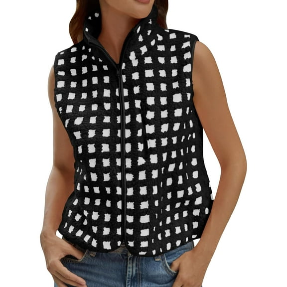Yigetop Vest for Women, Womens Checkered Vest Fleece Fuzzy Zip Up Sleeveless Casual 2025 Winter Warm Outwear Cute Vests for Women Black L