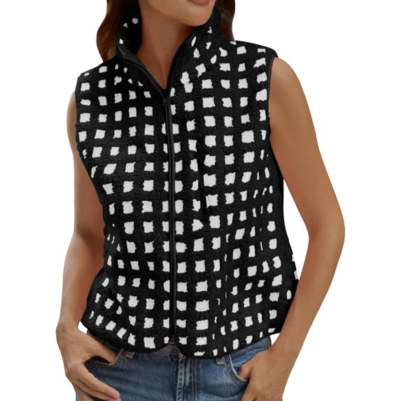 Yigetop Vest for Women, Womens Checkered Vest Fleece Fuzzy Zip Up Sleeveless Casual 2025 Winter Warm Outwear Cute Vests for Women Black M