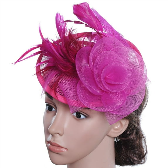 Yigetop Vintage Hats for Women, Fashion Women Fascinator Mesh Hat Ribbons and Feathers Wedding Party Hat Black Fascinator Hats for Women Hot Pink One Size