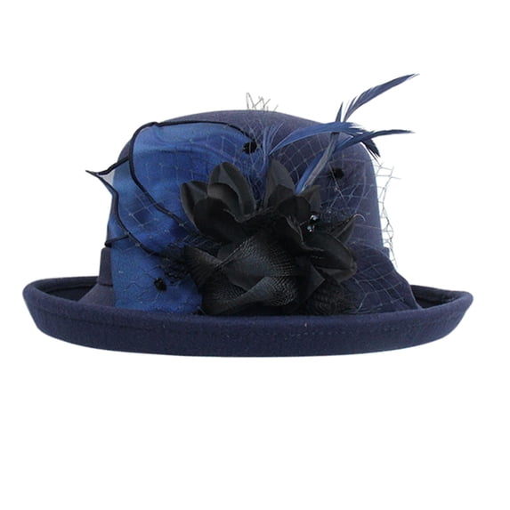 Yigetop Vintage Hats for Women Women's Autumn and Winter Flowers Round Top Casual Fisherman's Basin Cap Small Bowler Hat Cloche Hats for Women Navy A