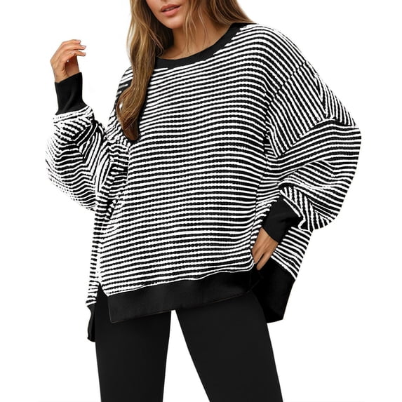 Yigetop Waffle Knit Tops for Women, Women's Oversized Sweatshirt Knit Striped Long Sleeve Crewneck Casual Loose Pullover Tops Khaki Fall Sweatshirts for Women Black S