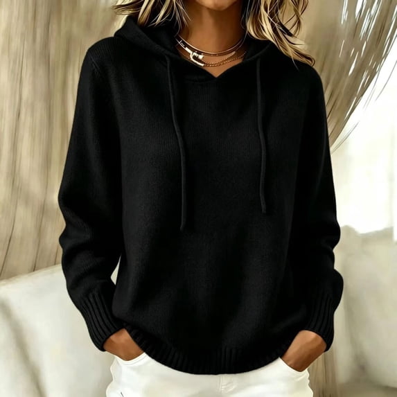 Yigetop Warm Sweaters for Women Crew Neck Soft Hoodies Fall Winter Cozy Knitted Hooded Pullover Loose Fit Lightweight Comfy 2026 Daily Wear Tops Black XL