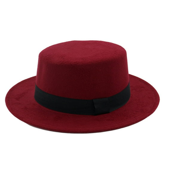 Yigetop Wine Womens Wide Brim Wool Felt Flat Top Fedora Hat Party Church Trilby Hats Cap Hot Sale Hat
