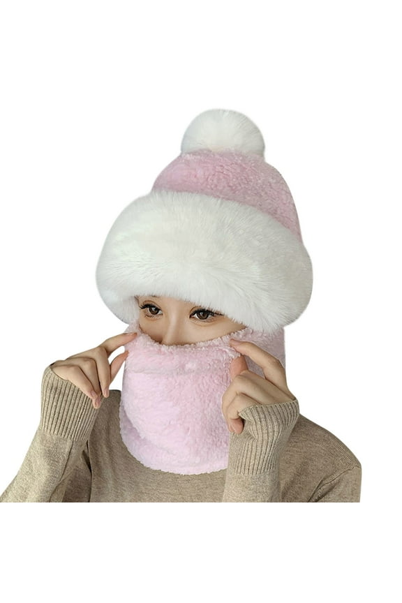 Winter Beanie Women Windproof Scarf Hat Winter Warm Scarf Hat Set Soft Knitted Plush Hat Hijab Cap Pink One Size