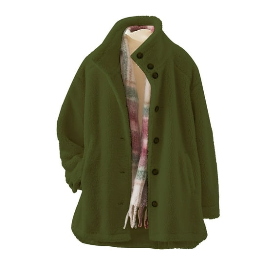 Yigetop Winter Coat for Women New Cardigan Button Down Coat Solid Color Cardigan Hoodie Fleece Coat Women's Fleece Jackets & Coats Army Green S