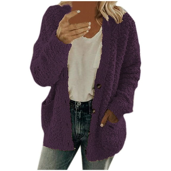 Yigetop Winter Coats for Women, Women's Winter Faux Fur Coats Long Sleeve Lapel Button Down Pockets Fleece Sherpa Jacket Casual Trendy Outerwear Womens Winter Coats Purple XL