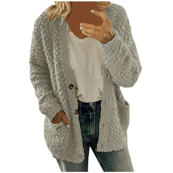 Yigetop Winter Coats for Women, Women's Winter Faux Fur Coats Long Sleeve Lapel Button Down Pockets Fleece Sherpa Jacket Casual Trendy Outerwear Womens Winter Coats Grey 3XL