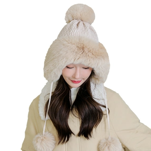 Yigetop Winter Hats for Women Women's Fashion Winter Hat Plush and Thicken Fashion Custom Warm Hats Wool Cap Hat Trapper Hat Beige One Size