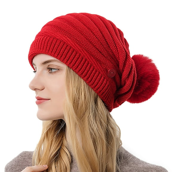 Yigetop Winter Hats for Women Woolen Hat Women's Fashion Wrap Hat Warm Ear Protection Windproof Knit Hat Hairball Hat Beanie for Women Red One Size