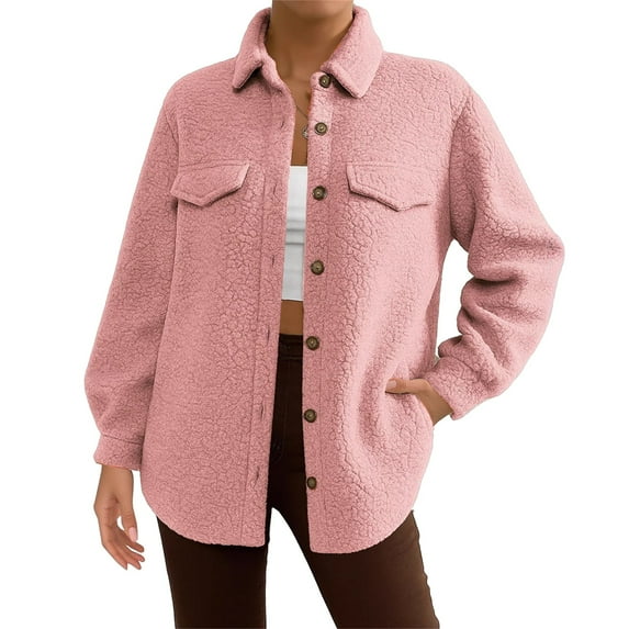 Yigetop Winter Jackets for Women, Womens Jacket Fuzzy Fleece Warm 2024 Winter Jackets Long Sleeve Button Down Coat Faux Outwear with Pocket Faux Fur Coat Women Pink L