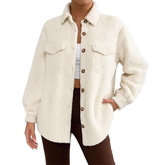 Yigetop Winter Jackets for Women, Womens Jacket Fuzzy Fleece Warm 2024 Winter Jackets Long Sleeve Button Down Coat Faux Outwear with Pocket Faux Fur Coat Women White S