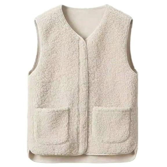 Yigetop Winter Vest, Women's Autumn Winter Solid Color Lamb Wool with Pockets Warm Casual Cotton Vest Fleece Vest White 3XL
