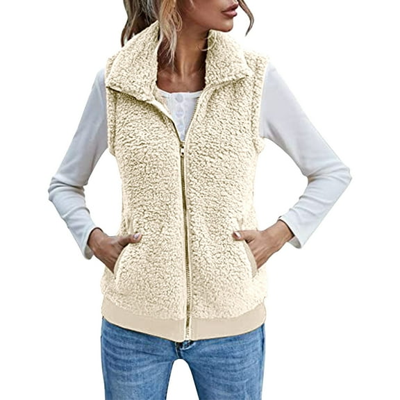 Yigetop Winter Vest for Women Women's Solid Color Fashion Casual Sleeveless Pocket Zipper Winter and Fall Coat Vest Tops for Women Beige L