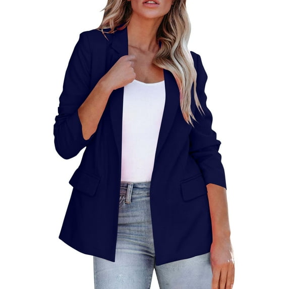 Yigetop Women Blazers for Work Casual Women Fashion Casual Solid Long Sleeve Open Front Notched Collar Suit Cardigan Ladies Jacket Coat Womens Blazers for Work Casual Navy S