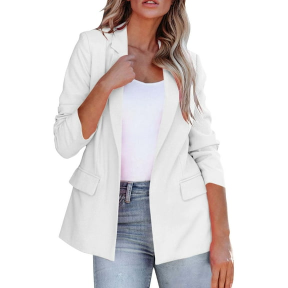 Yigetop Women Blazers for Work Casual Women Fashion Casual Solid Long Sleeve Open Front Notched Collar Suit Cardigan Ladies Jacket Coat Womens Blazers for Work Casual White 3XL