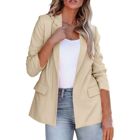 Yigetop Women Blazers for Work Casual Women Fashion Casual Solid Long Sleeve Open Front Notched Collar Suit Cardigan Ladies Jacket Coat Womens Blazers for Work Casual Khaki M