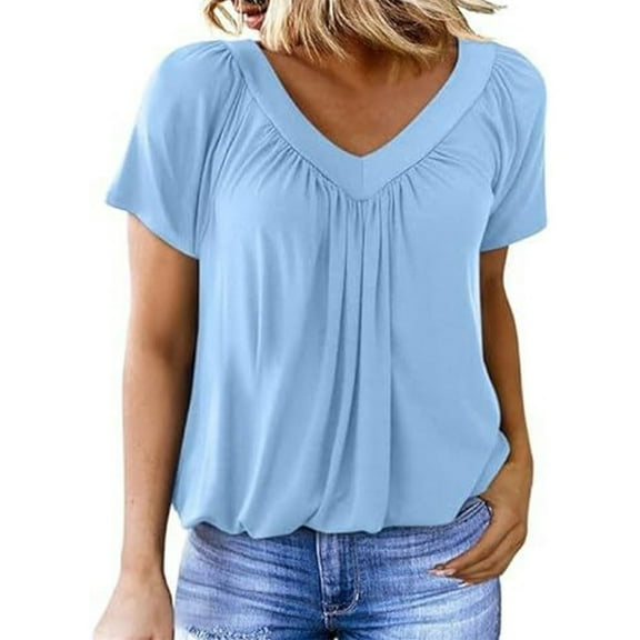 Yigetop Women Blouses, Women's Casual Summer T Shirts Short Sleeve V Neck Tops Tshirts Ruched Tops for Women Blue1 3XL