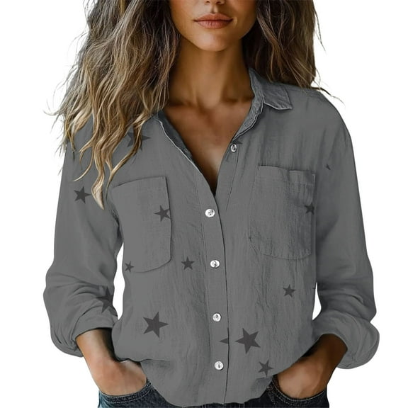 Yigetop Women Button Down Shirt, Women's Fashion Spring Summer Casual Long Sleeve Loose Shirt Top Womens Long Sleeve Button Down Shirts Grey L