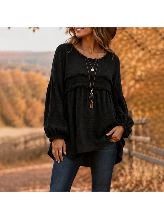 Women Fringe Blouse Round Neck Puff Balloon Long Sleeve Crinkled Textured Loose Shirt Lightweight Casual Comfy Daily Wear Black 5XL