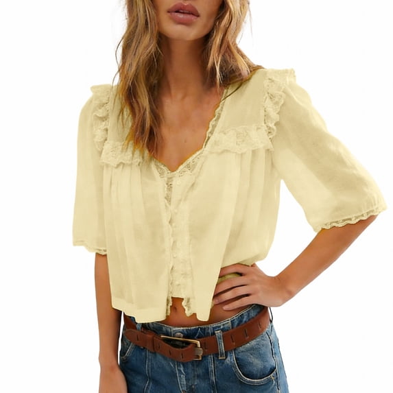 Yigetop Women Short Sleeve Blouse Tops Vacation Front Tie Solid Color Elegant Casual Shirts Lightweight Breathable Soft Comfy Loose Fit for Summer Daily Outfits Yellow XL