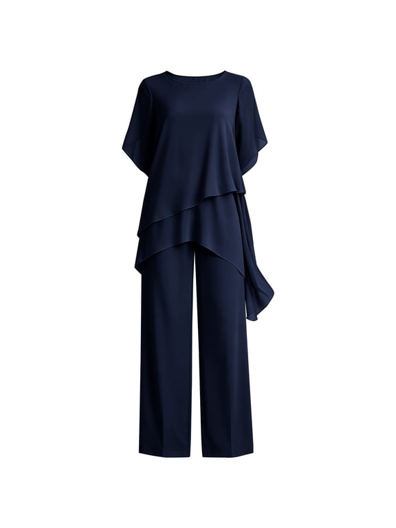 Women's Asymmetric Capelet 2 Piece Pant Suit Round Neck Loose Fit Wide Leg Trousers Elegant Comfortable Outfits for Formal Events Navy XL