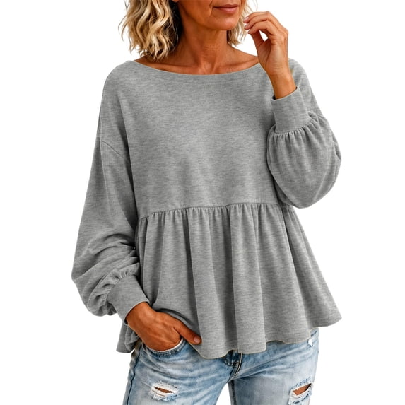 Yigetop Women's Boat Neck Peplum Sweatshirt Lightweight Long Sleeve Loose Fit Casual Pullover Tops Grey S