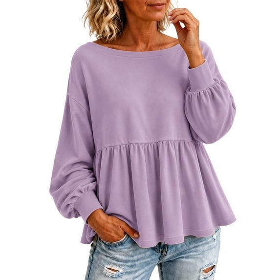 Yigetop Women's Boat Neck Peplum Sweatshirt Lightweight Long Sleeve Loose Fit Casual Pullover Tops Light Violet L